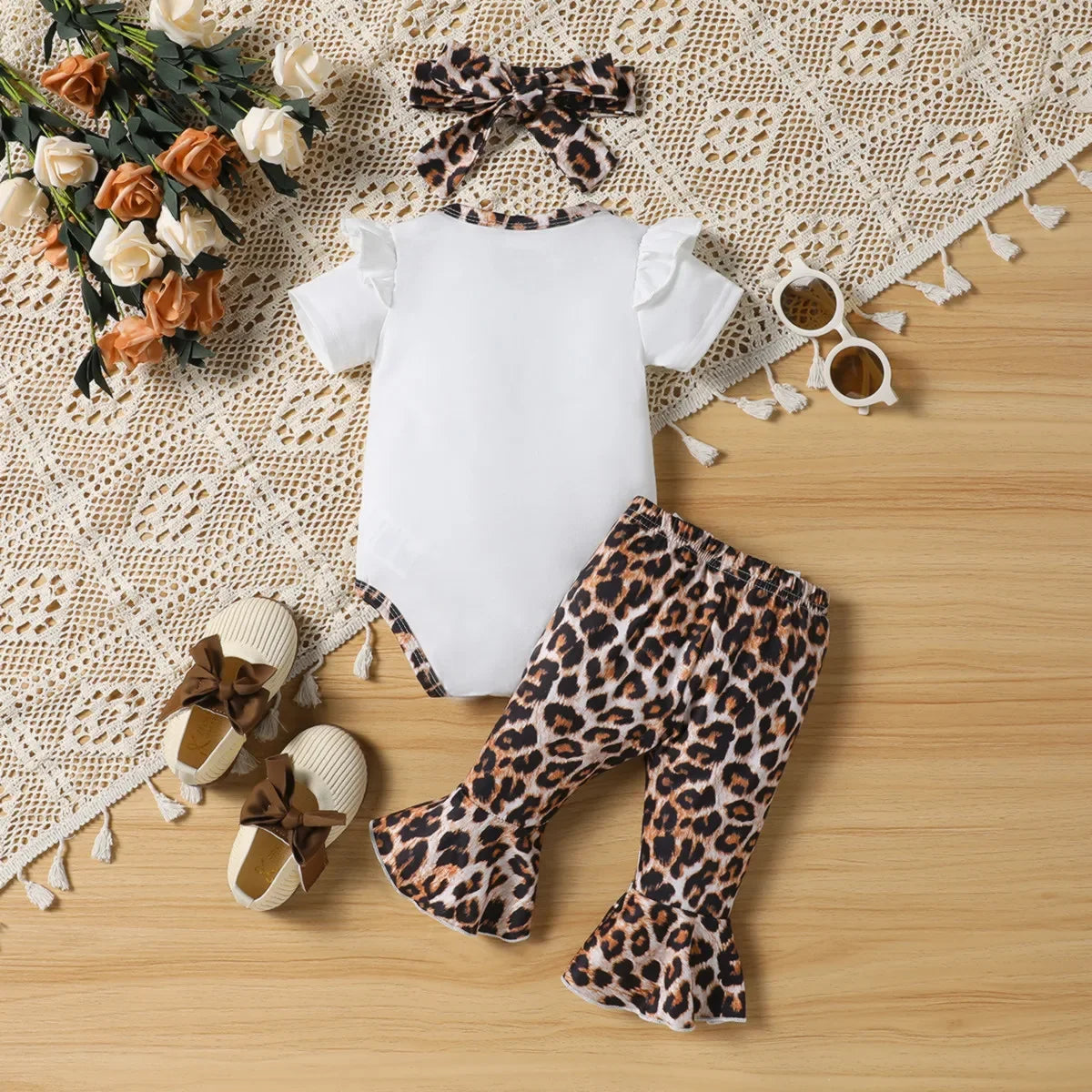 Baby Girl Ruffle Edge Leopard Print Top and Pants Set Suitable for Summer Season Soft and Comfortable 3pcs