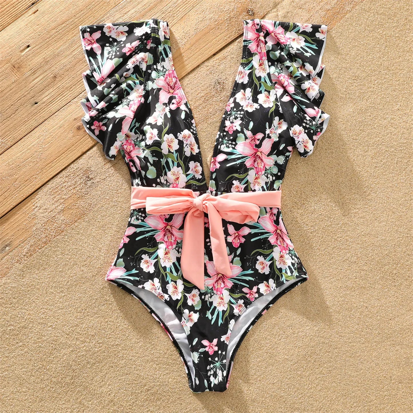 Family Matching All over Floral Print Swim Trunks Shorts and Ruffle-sleeve Belted One-Piece Swimsuit Suitable for Summer