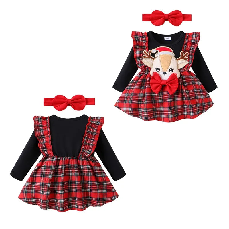 Baby Girl Christmas Dress 2pcs Ruffle Long Sleeve Reindeer Embroidery Plaid Print Dress with Headband 0-24M Infant