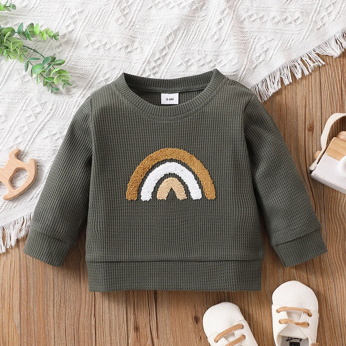 Baby Boy/Girl Rainbow Pattern Waffle Long-sleeve Pullover Sweatshirt Perfect for Outings and Daily Wear Basic Style