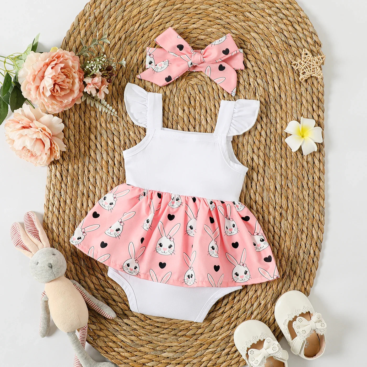 Baby Girl Rabbit Print Flutter-sleeve Faux-two Romper & Headband Set Suitable for Summer Season 2pcs