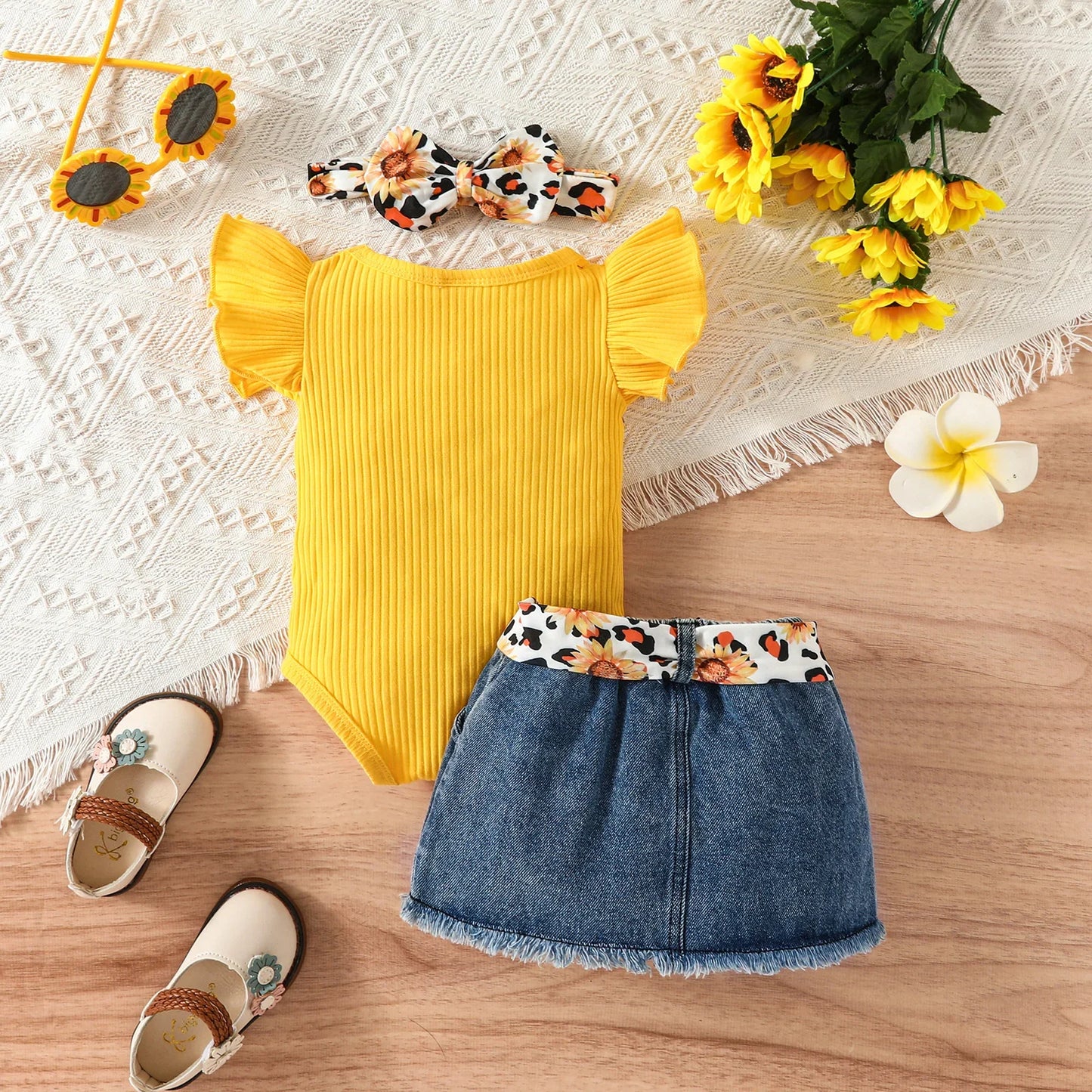 Baby Girl 100% Cotton Belted Ripped Denim Skirt and Letter Print Ribbed Flutter-sleeve Romper & Headband Set 3pcs