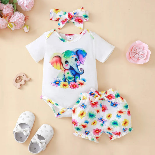 Newborn Baby Girl Clothing Set Short Sleeved Elephant Bodysuit+Flower Shorts Summer Casual Outfits for 0-24 Months Toddler 3pcs