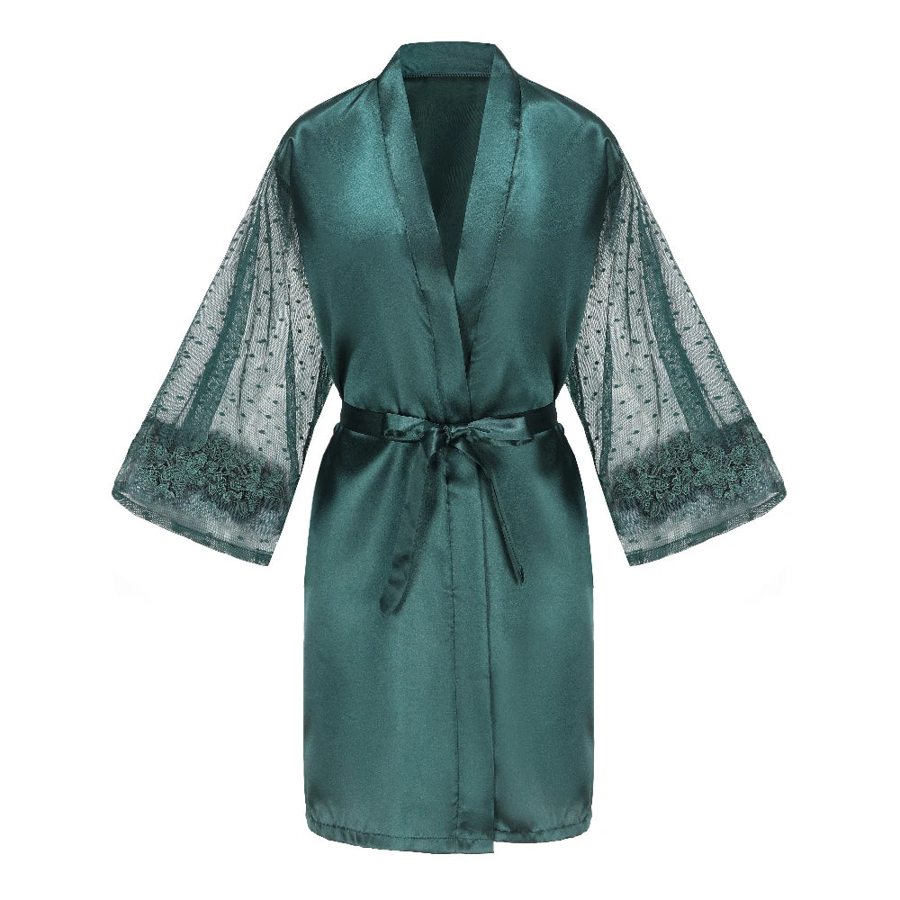 Green Bridesmaid Wedding Party Team Bride Robe With Gold Letters Lace Mesh Sleeve Kimono Satin Pajamas Mother Bathrobe