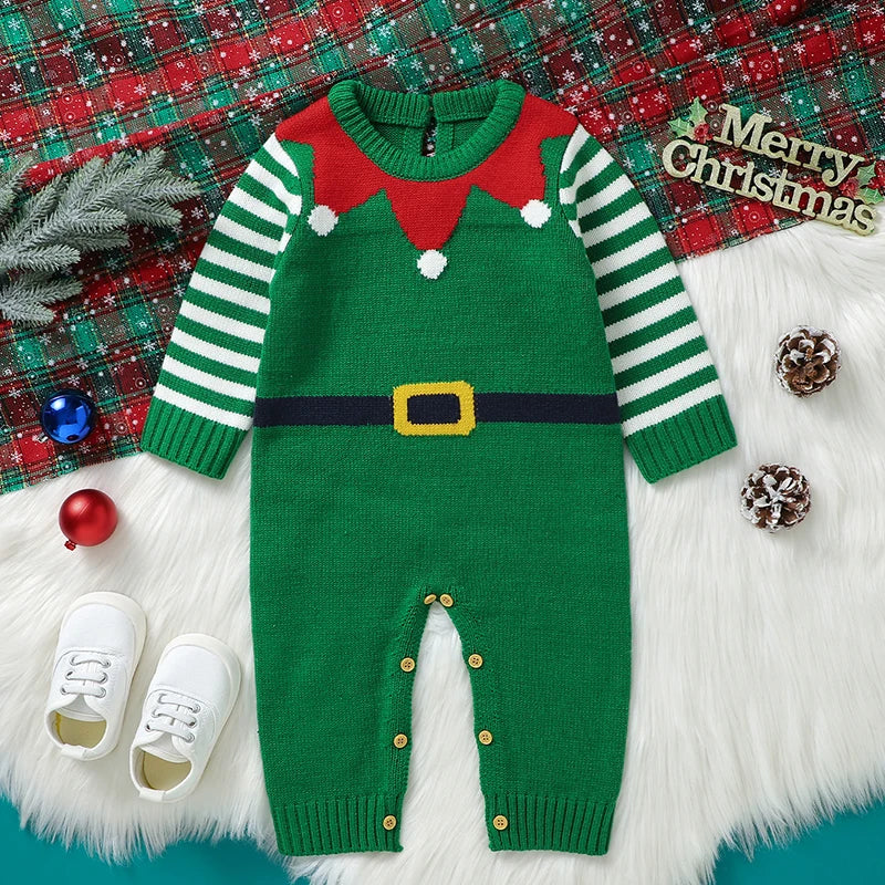 Baby Boy Girl Christmas Romper Knitted With Santa Green Christmas Jumpsuit New Year Costume Newborn Knit Christmas Clothes 0-24M