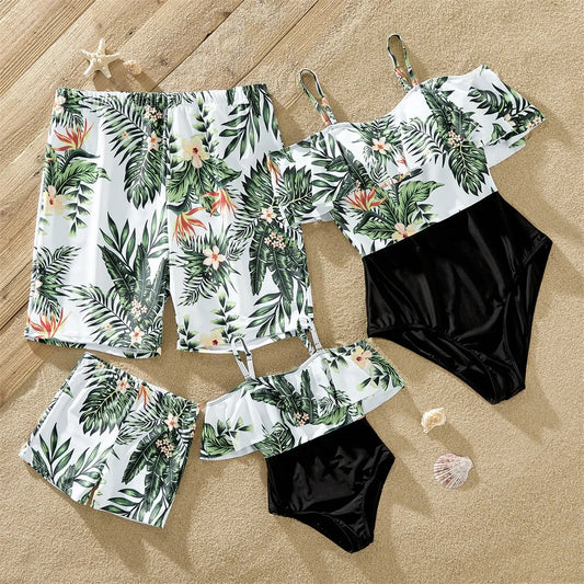 Summer Family Matching Swimsuit One Piece Plant Flounce Plumeria Print Family Matching Swimsuit Swimwear Clothes Sets