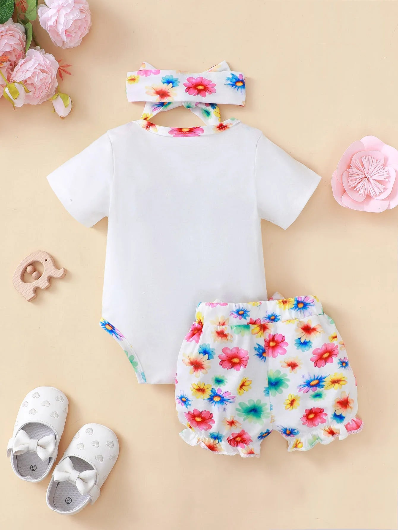 Newborn Baby Girl Clothing Set Short Sleeved Elephant Bodysuit+Flower Shorts Summer Casual Outfits for 0-24 Months Toddler 3pcs