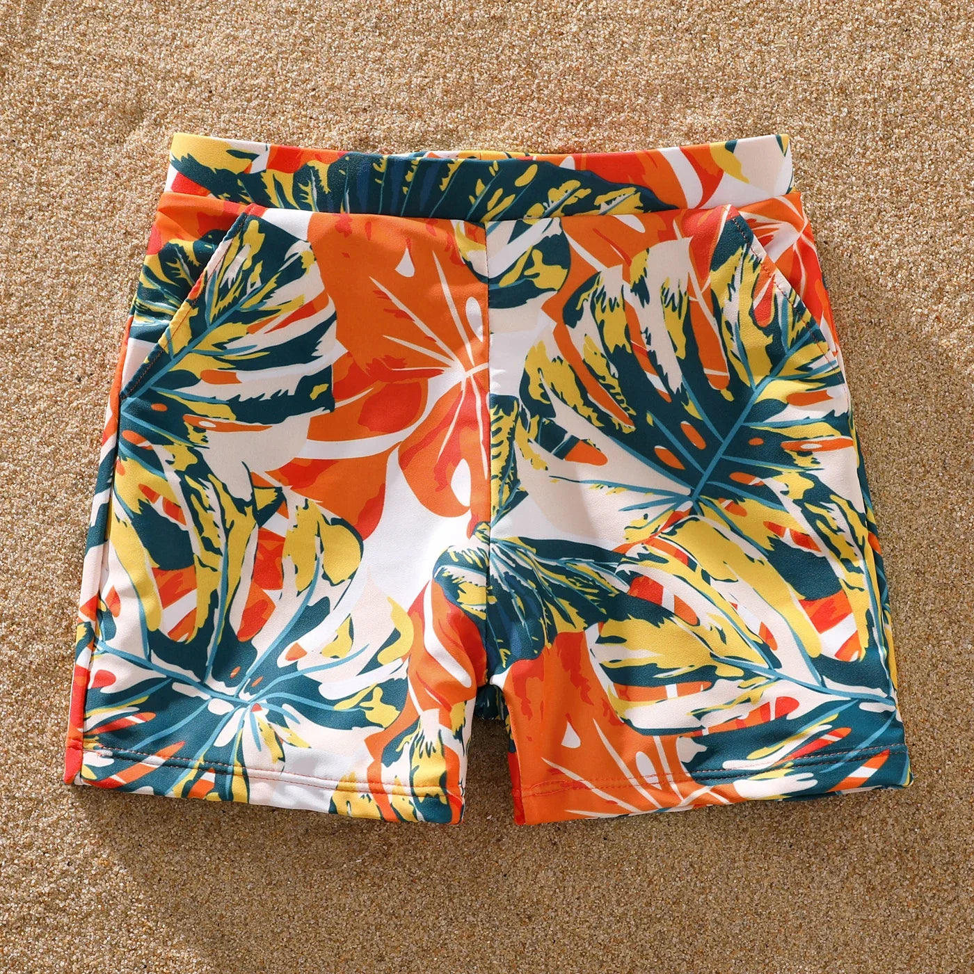 Family Matching Swimsuit Orange All Over Tropical Plant Print Splicing Ruffle One-Piece Swimsuit and Swim Trunks Shorts