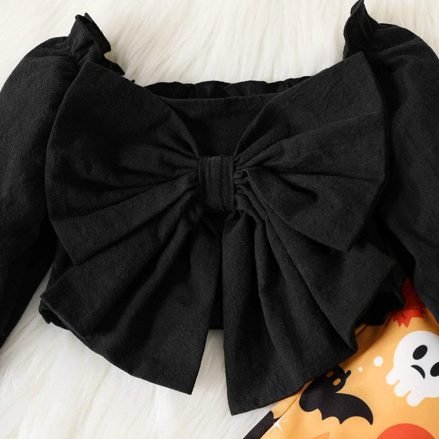 Halloween 2pcs Baby Girl Long-sleeve Bow Front Crop Top and Print Flared Pants Set Soft and Comfortable