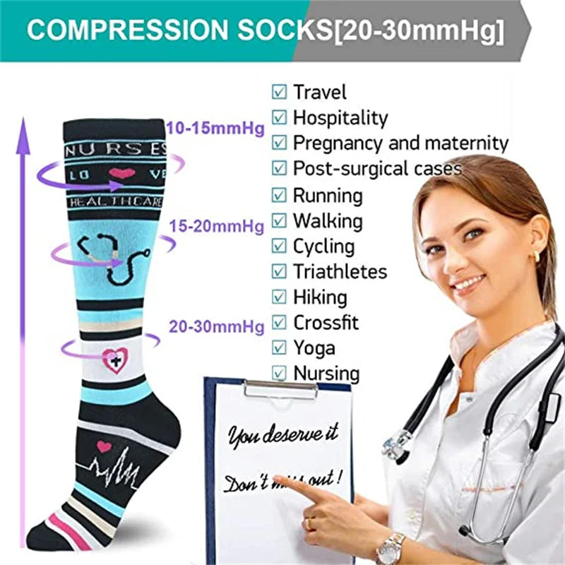 6 PAIRS Flowers Animal Fruit Compression Socks for Men Women Running Nurse Socks Nurses Sport Ladies Lady Womens Running