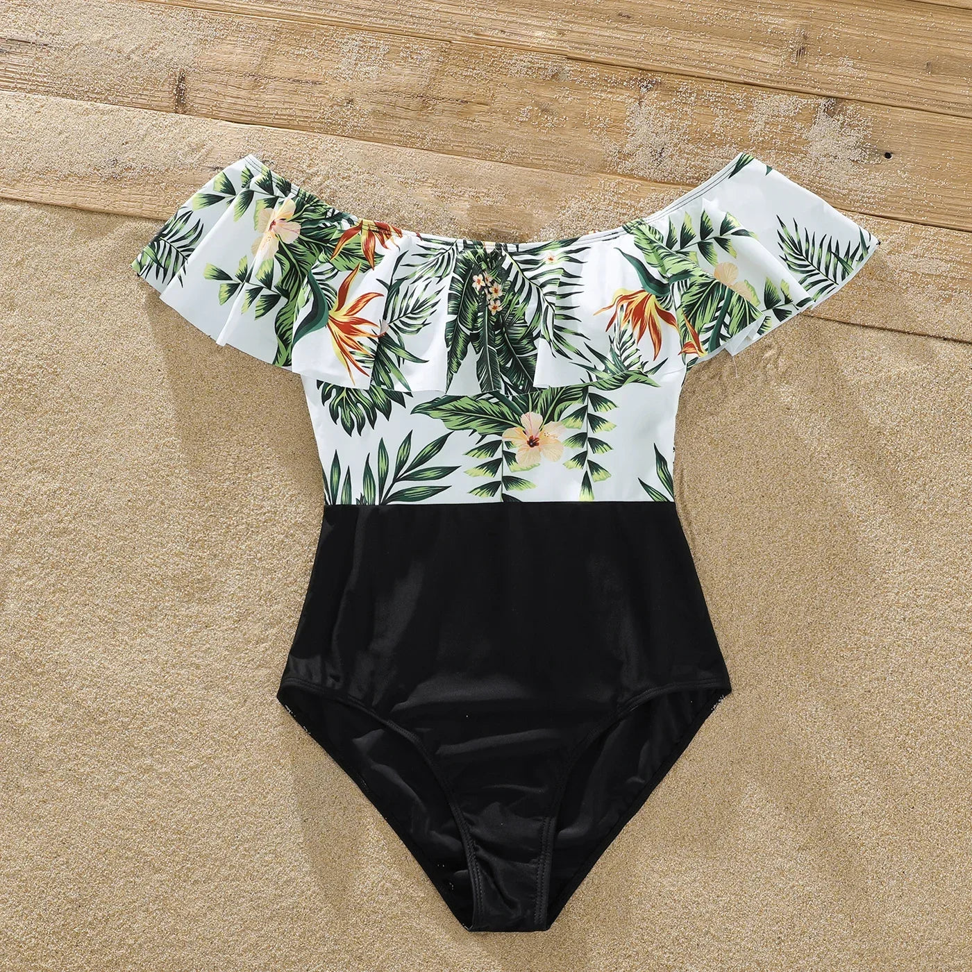 Summer Family Matching Swimsuit One Piece Plant Flounce Plumeria Print Family Matching Swimsuit Swimwear Clothes Sets