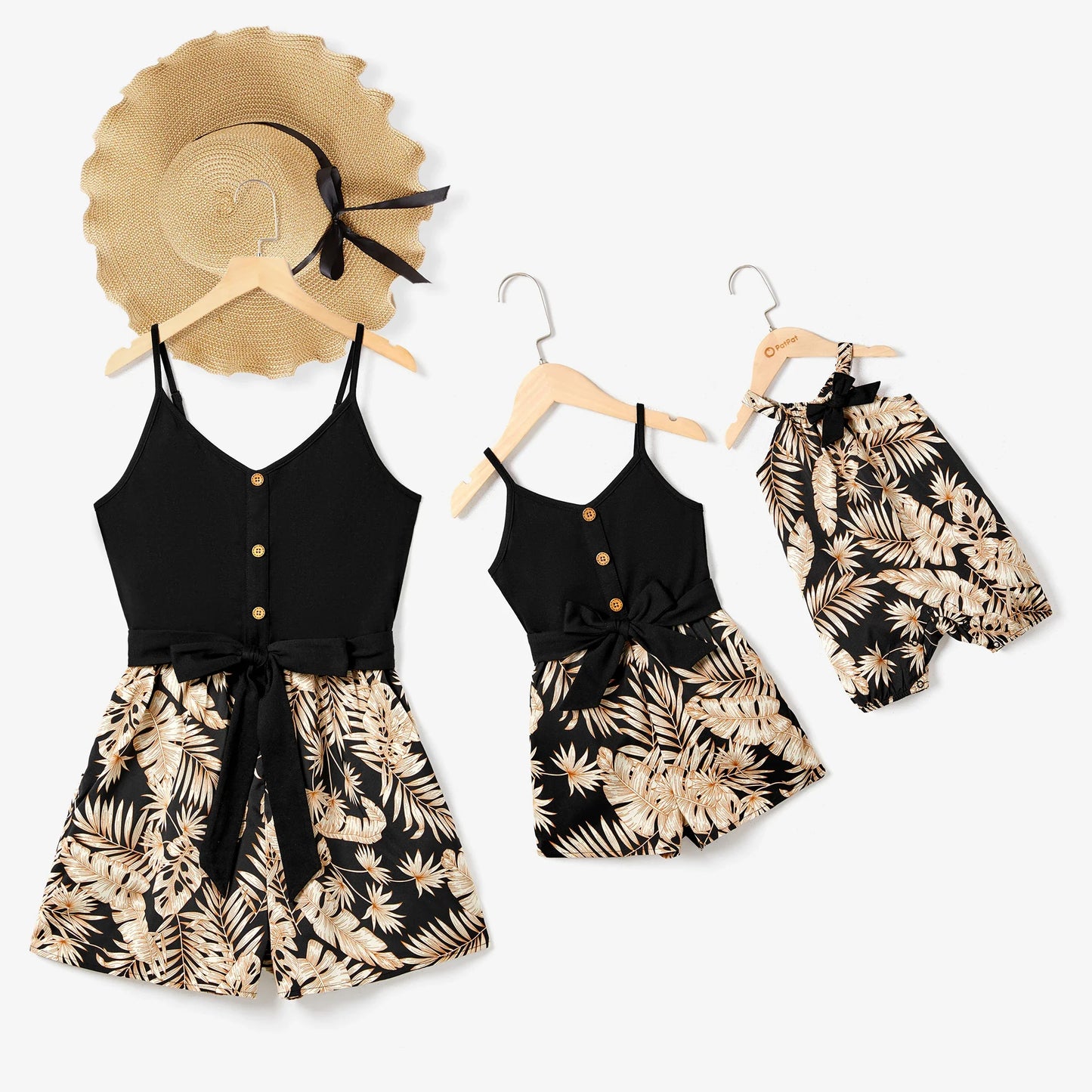 Mommy and Me Camisole Leaf Print Belted One-piece Romper Suitable for Summer Season Soft and Comfortable