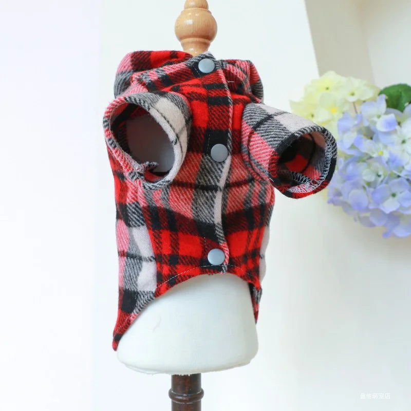 Pet Clothes Dog Cat Autumn and Winter Thickened Warm Red Plaid Hat Coat Windbreaker Suitable for Small and Medium sized Dogs 1PC