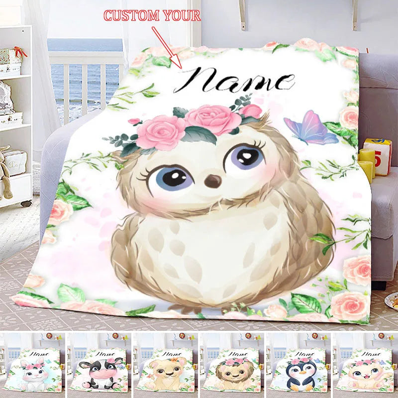 Personalised Blanket Kawaii Baby Girl Boy Kids Personalized Blankets Cartoon Animal Cute Soft Flannel Throw Blanket Birthday Gift