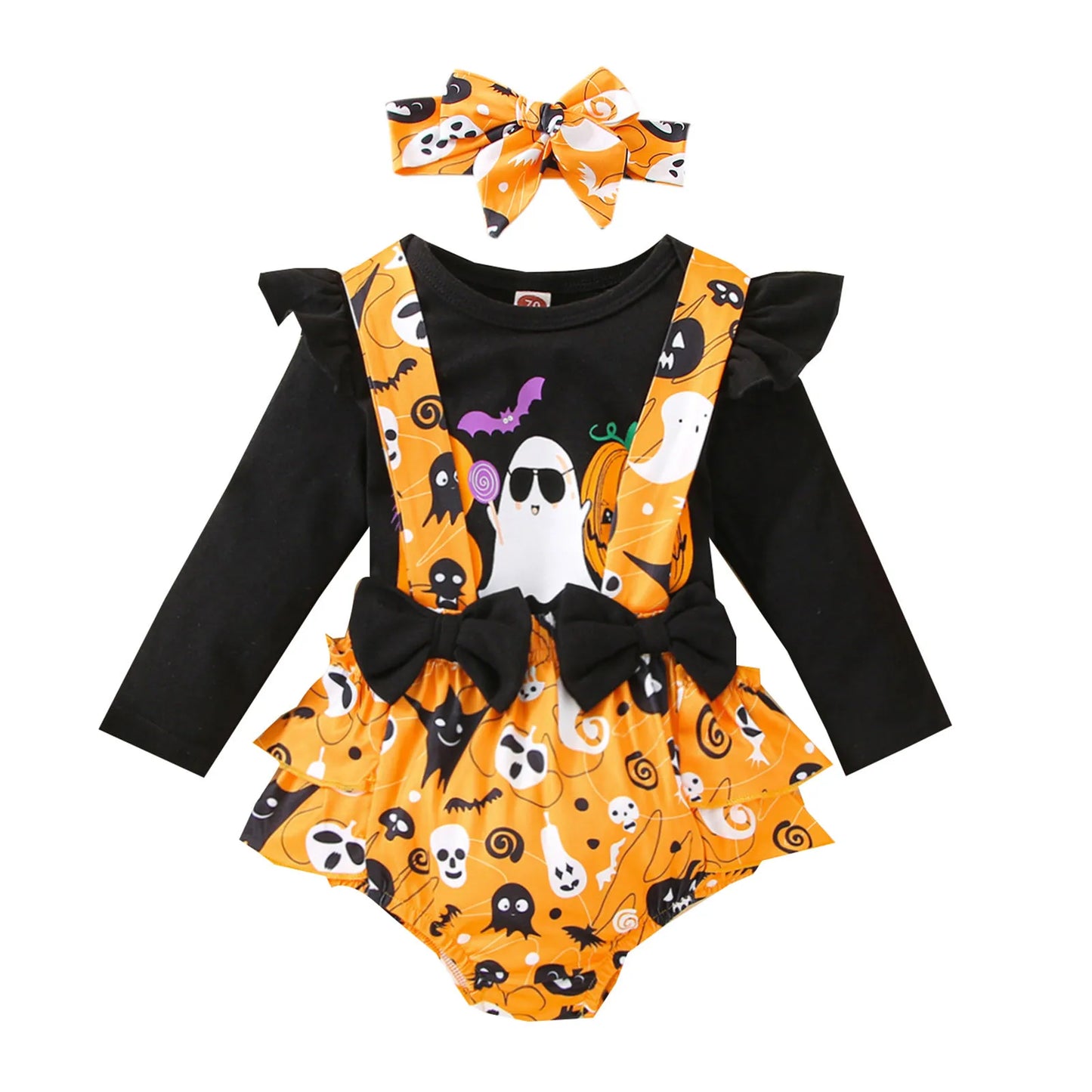 Infant Girls Clothes Sets Pumpkin Print Long Sleeve Tops+Suspenders Shorts+Headbands My First Halloween Costume 3pcs