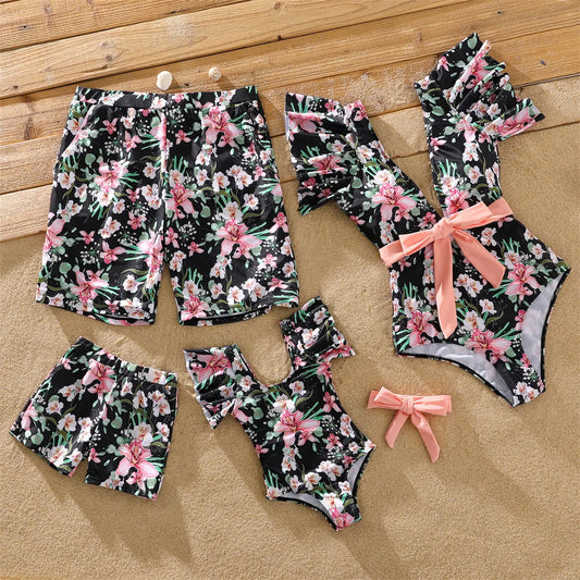 Family Matching All over Floral Print Swim Trunks Shorts and Ruffle-sleeve Belted One-Piece Swimsuit Suitable for Summer