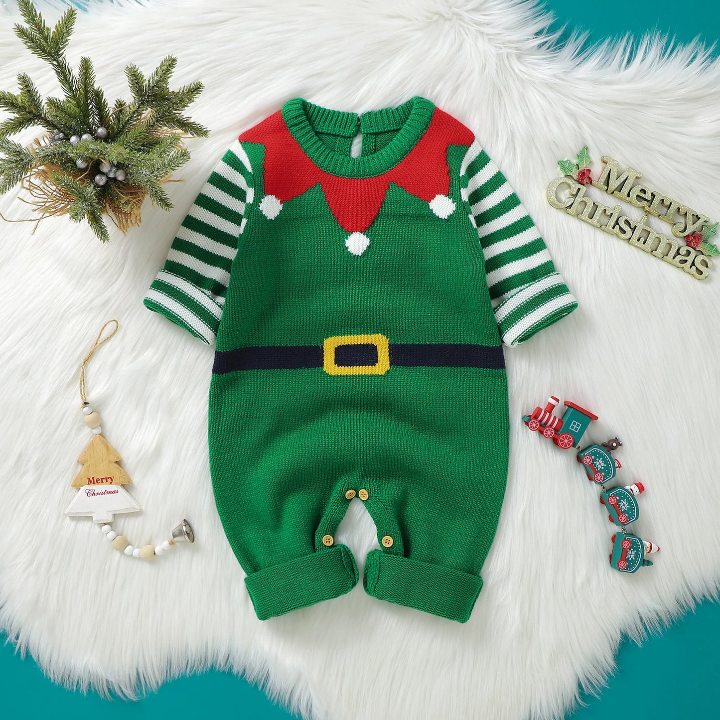 Baby Boy Girl Christmas Romper Knitted With Santa Green Christmas Jumpsuit New Year Costume Newborn Knit Christmas Clothes 0-24M