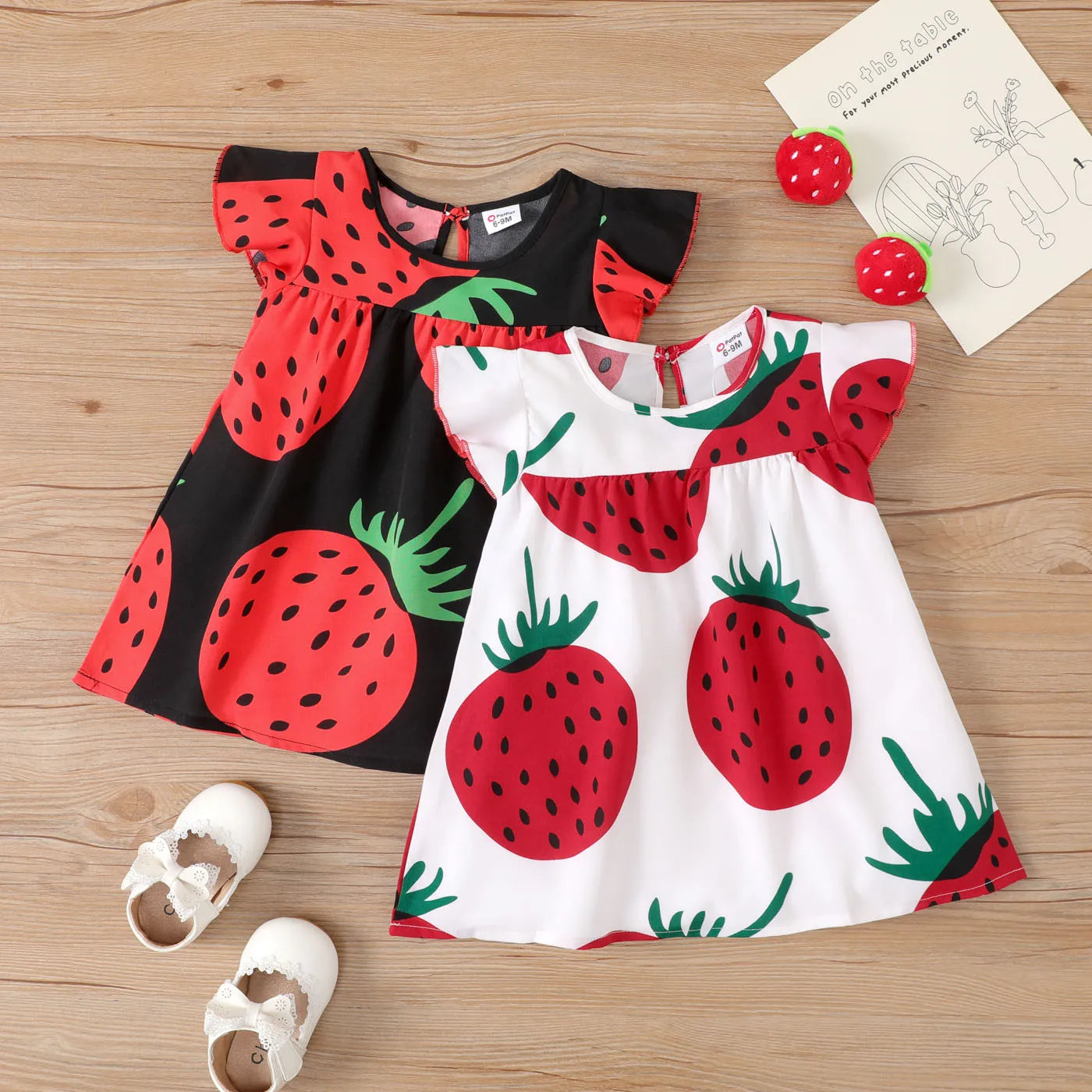 Baby Girl Girl Strawberry Print Flutter-sleeve Dress Soft and Comfortable  Perfect for Outings and Daily Wear Basic Style