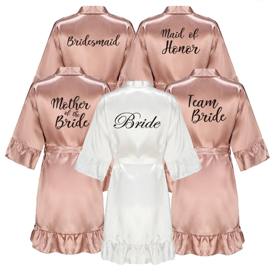 Rose Gold Satin Bridesmaid Team Bride Robes With Ruffle Sister Mother Bathrobe Maid of Honor Kimono Wedding Gift