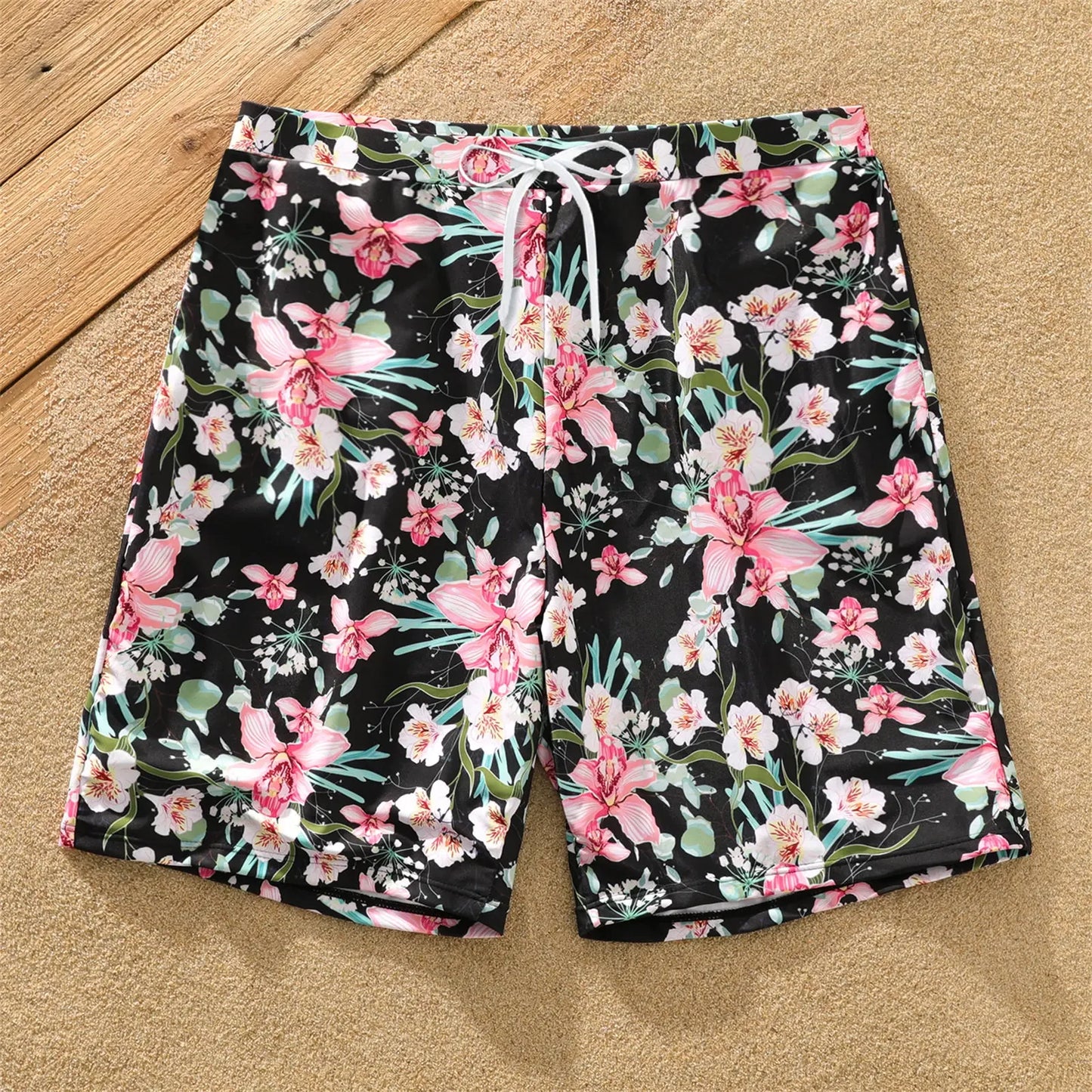 Family Matching All over Floral Print Swim Trunks Shorts and Ruffle-sleeve Belted One-Piece Swimsuit Suitable for Summer