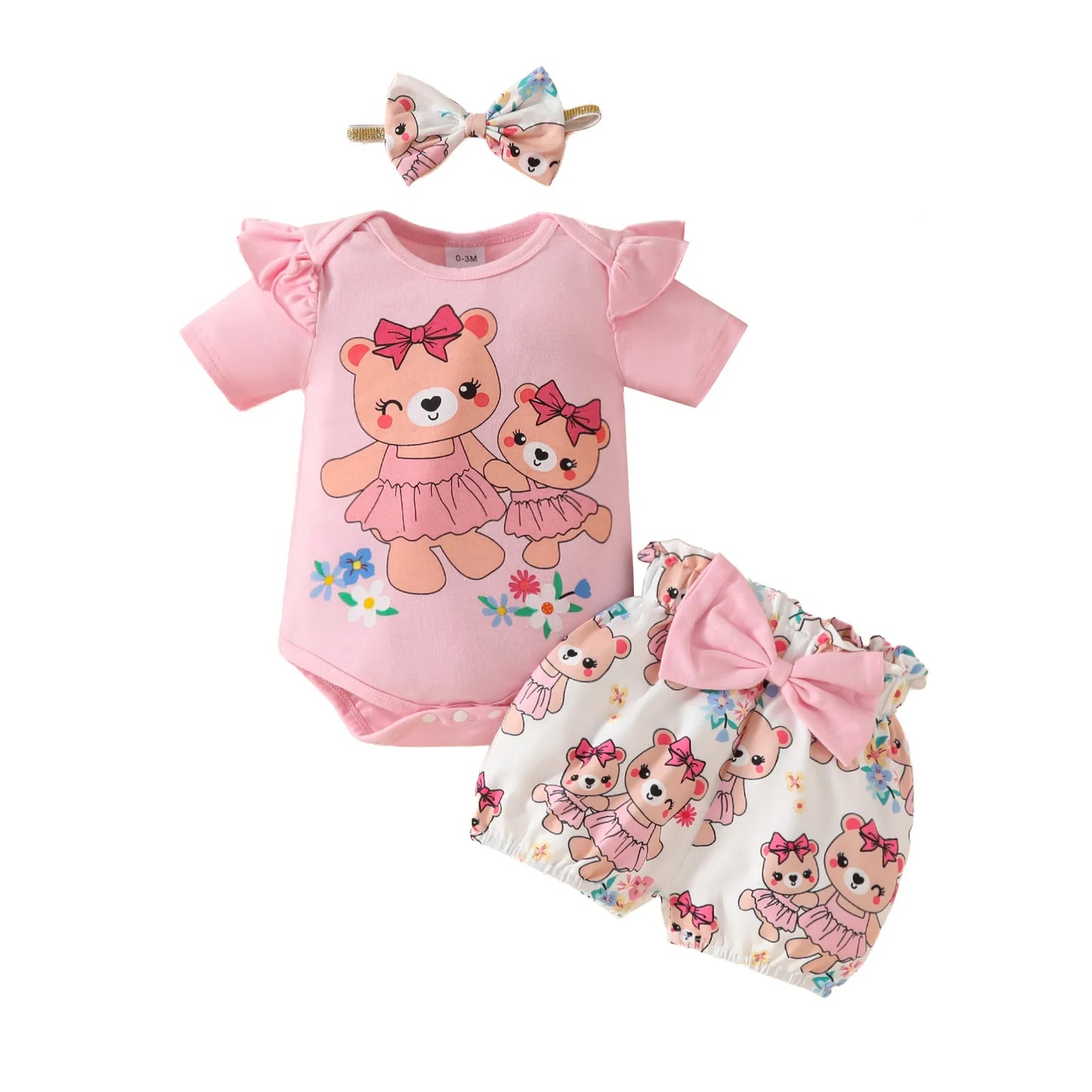 Sweet Baby Summer Short Sleeve Set: Pink Triangle Bib Tee with Bow Shorts