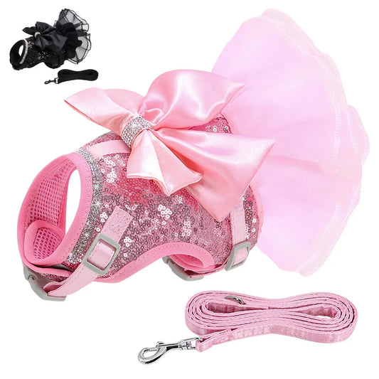 Pink Cat Dress Small Dogs Cats Summer Dresses With Cute Bowknot Bling Rhinestone Accessories Nylon Pet Vest Harness and Leash