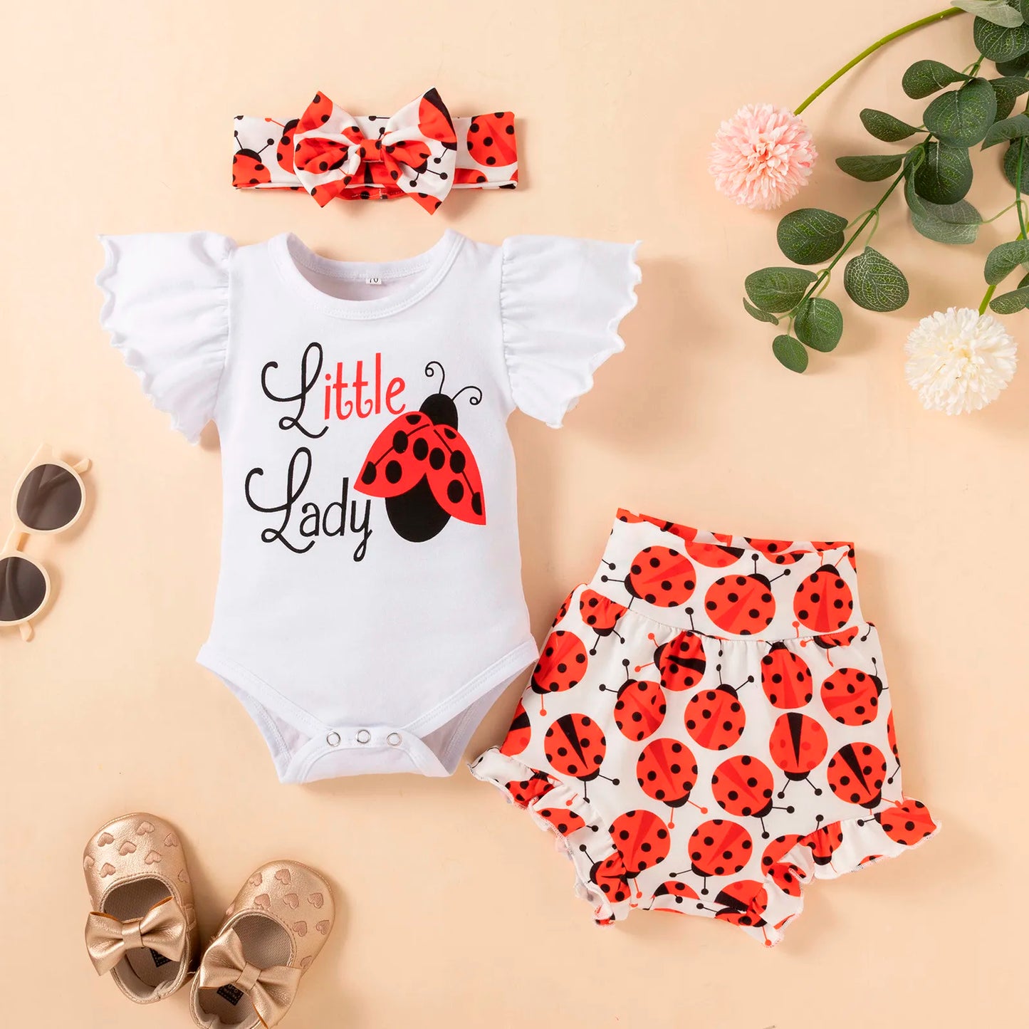 Baby Boys Girls Clothes Sets Fly Sleeve Bodysuit Tops+Cartoon Shorts Pants+Headband 3PCS Clothes Set Outfits 0-2 Years Infant