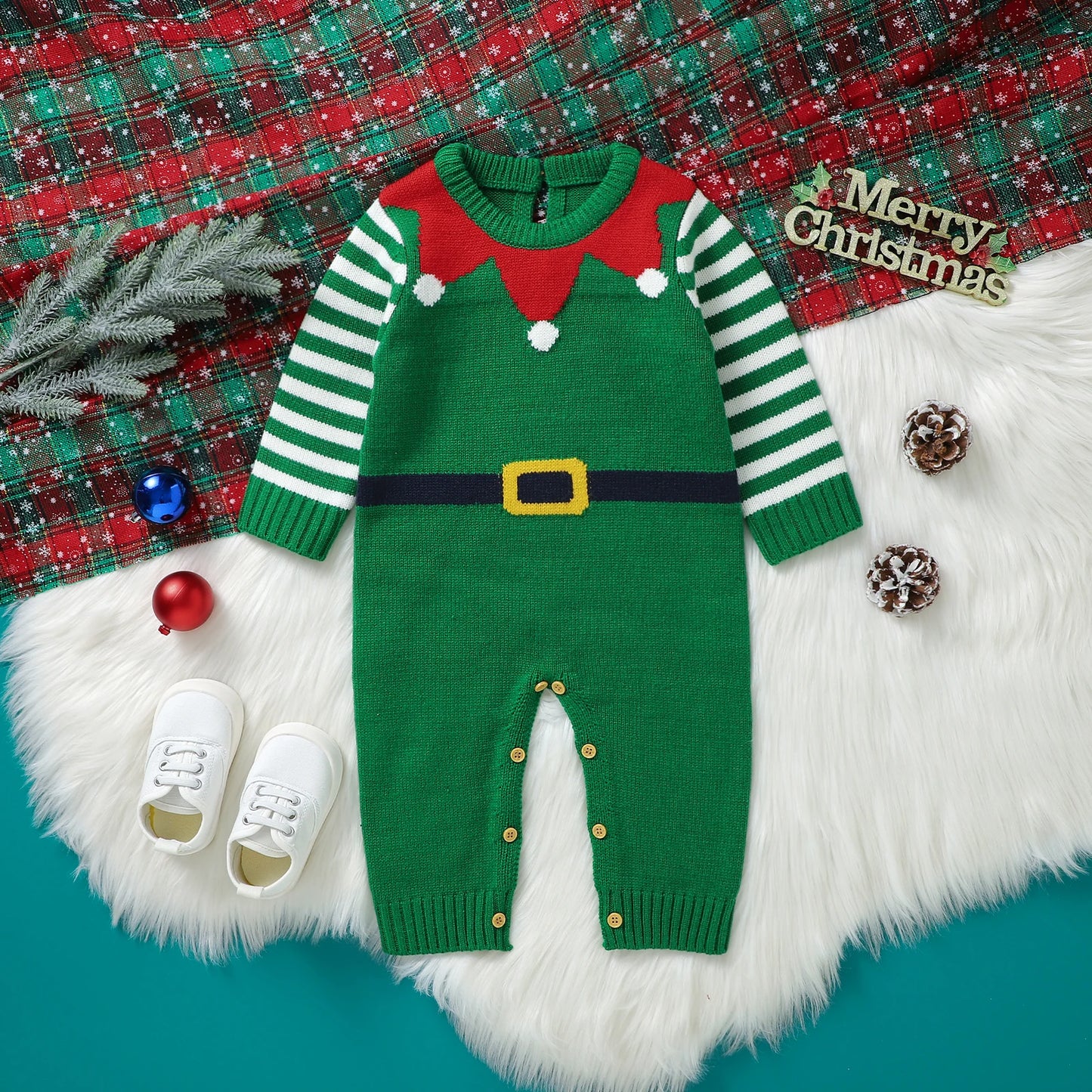 Baby Boy Girl Christmas Romper Knitted With Santa Green Christmas Jumpsuit New Year Costume Newborn Knit Christmas Clothes 0-24M