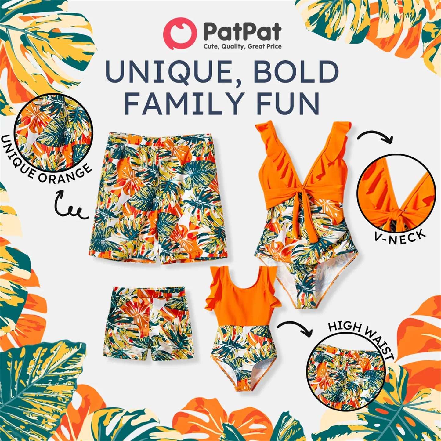 Family Matching Swimsuit Orange All Over Tropical Plant Print Splicing Ruffle One-Piece Swimsuit and Swim Trunks Shorts