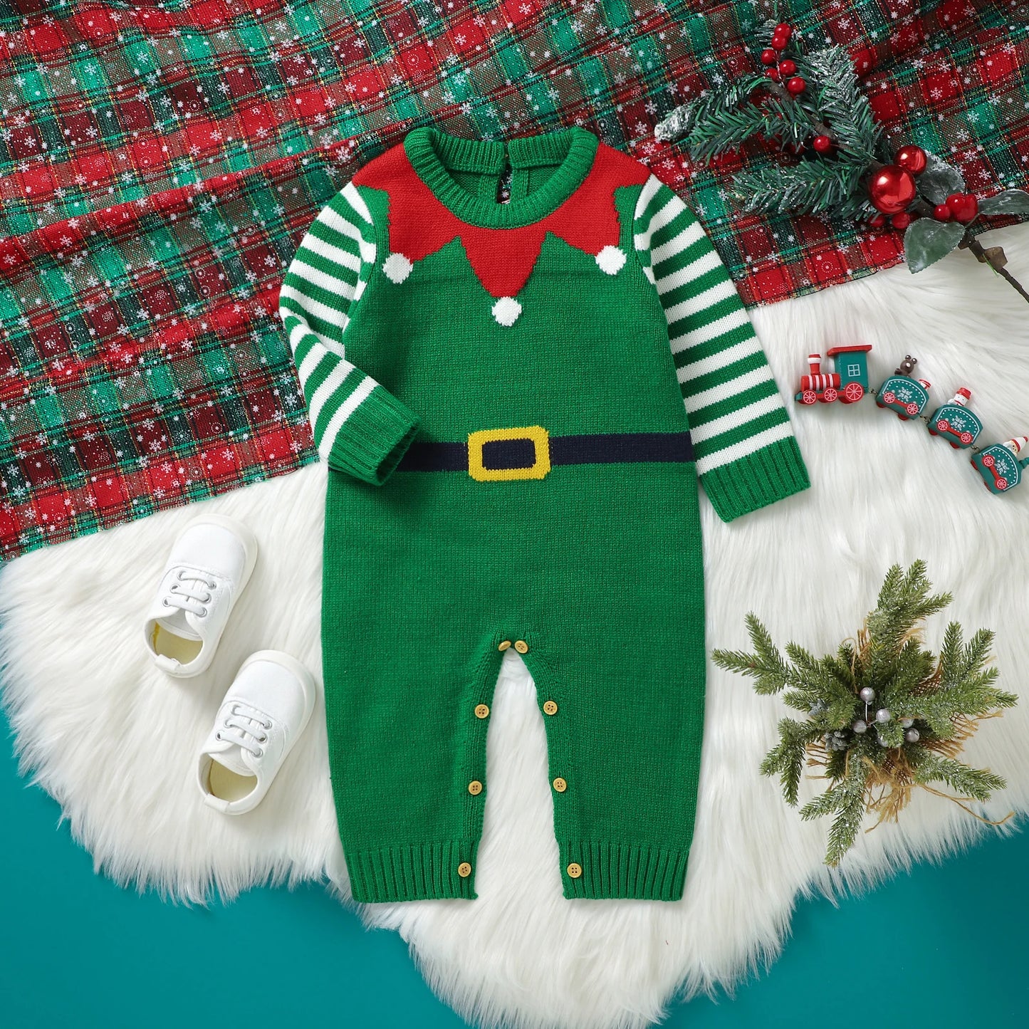 Baby Boy Girl Christmas Romper Knitted With Santa Green Christmas Jumpsuit New Year Costume Newborn Knit Christmas Clothes 0-24M