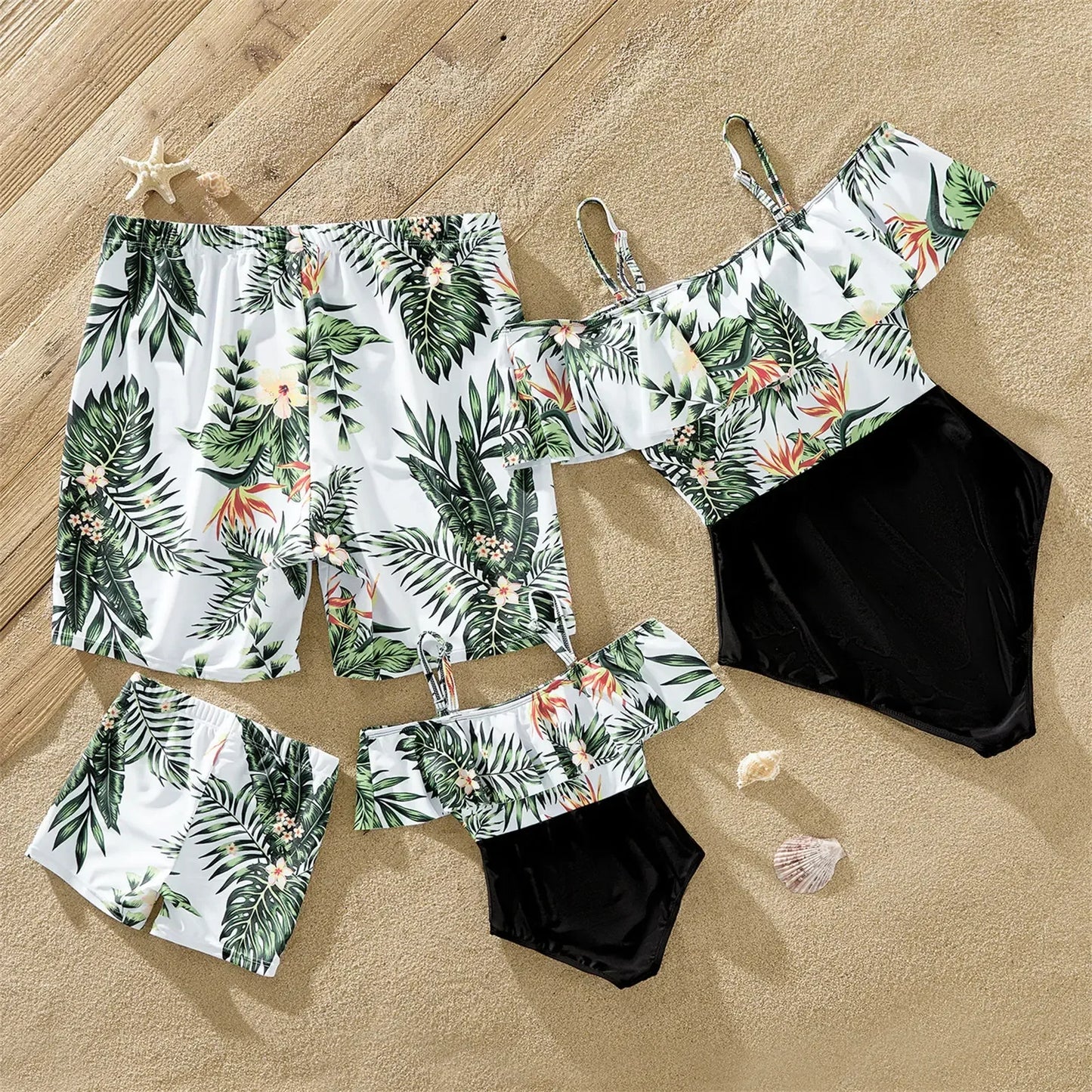 Summer Family Matching Swimsuit One Piece Plant Flounce Plumeria Print Family Matching Swimsuit Swimwear Clothes Sets