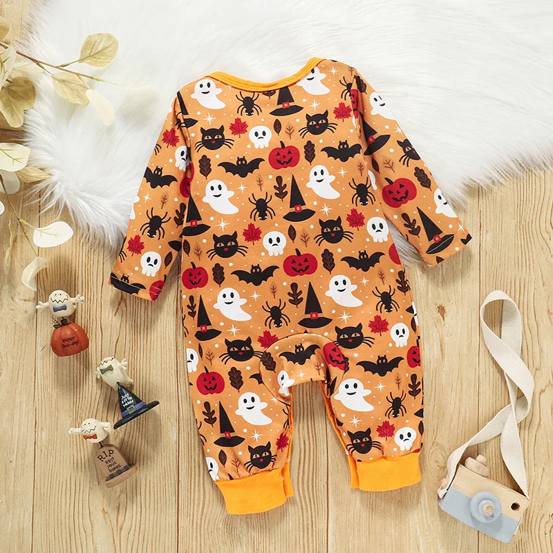 Spring and Autumn New Halloween Infant and Female Baby Bodysuit Round Neck Long sleeved Adjustable Split Bodysuit