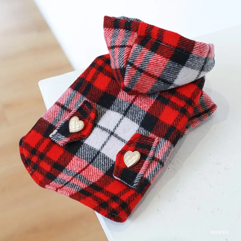 Pet Clothes Dog Cat Autumn and Winter Thickened Warm Red Plaid Hat Coat Windbreaker Suitable for Small and Medium sized Dogs 1PC