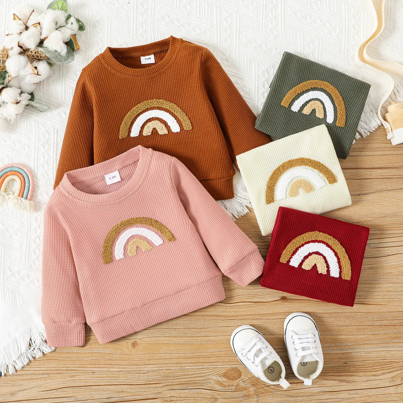 Baby Boy/Girl Rainbow Pattern Waffle Long-sleeve Pullover Sweatshirt Perfect for Outings and Daily Wear Basic Style