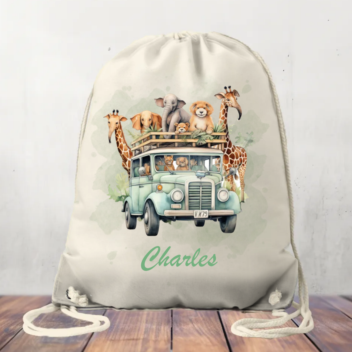 Canvas Drawstring Bag Safari Car Personalised