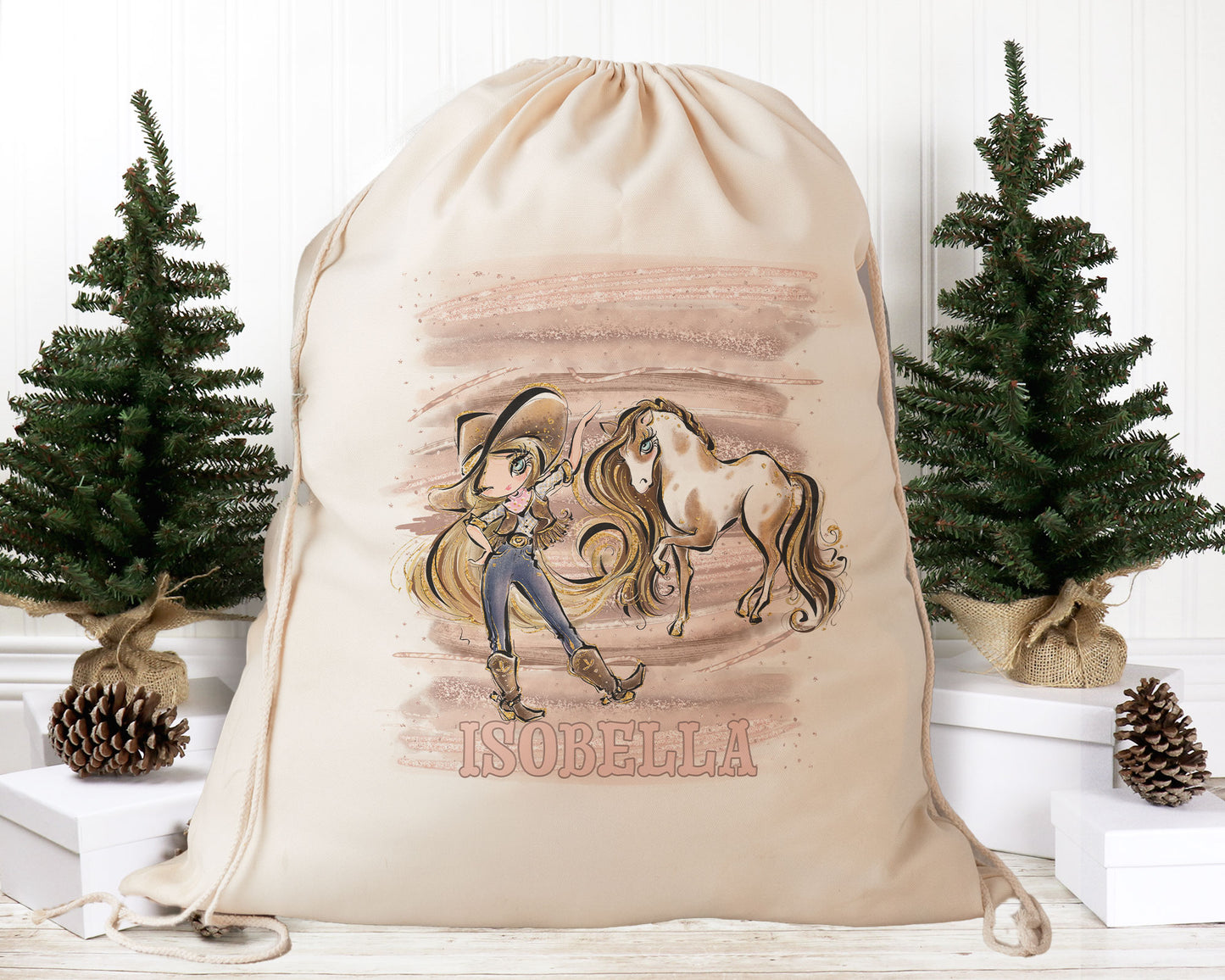 Personalised Santa Sack Howdy, Cowgirl and Horse, Our Largest Size