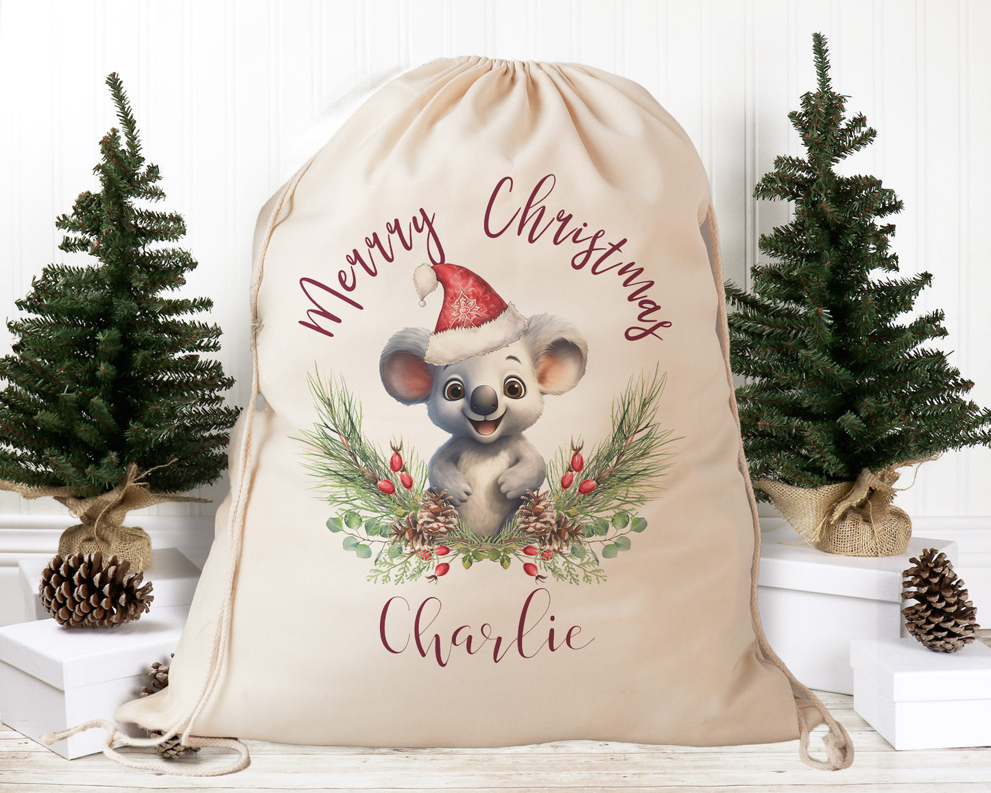 Personalised Santa Sack Australian Animals Eucalyptus Leaves, Our Largest Size