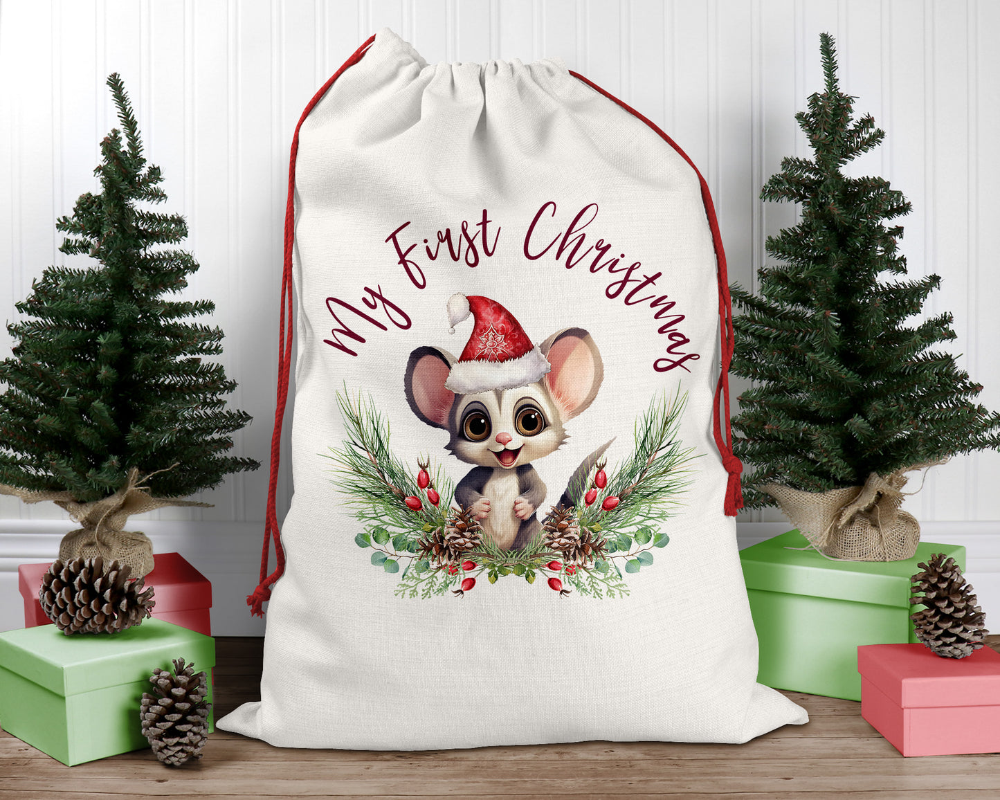 Personalised Santa Sack, Sugar Glider, Poinsettia Leaves Linen Bag