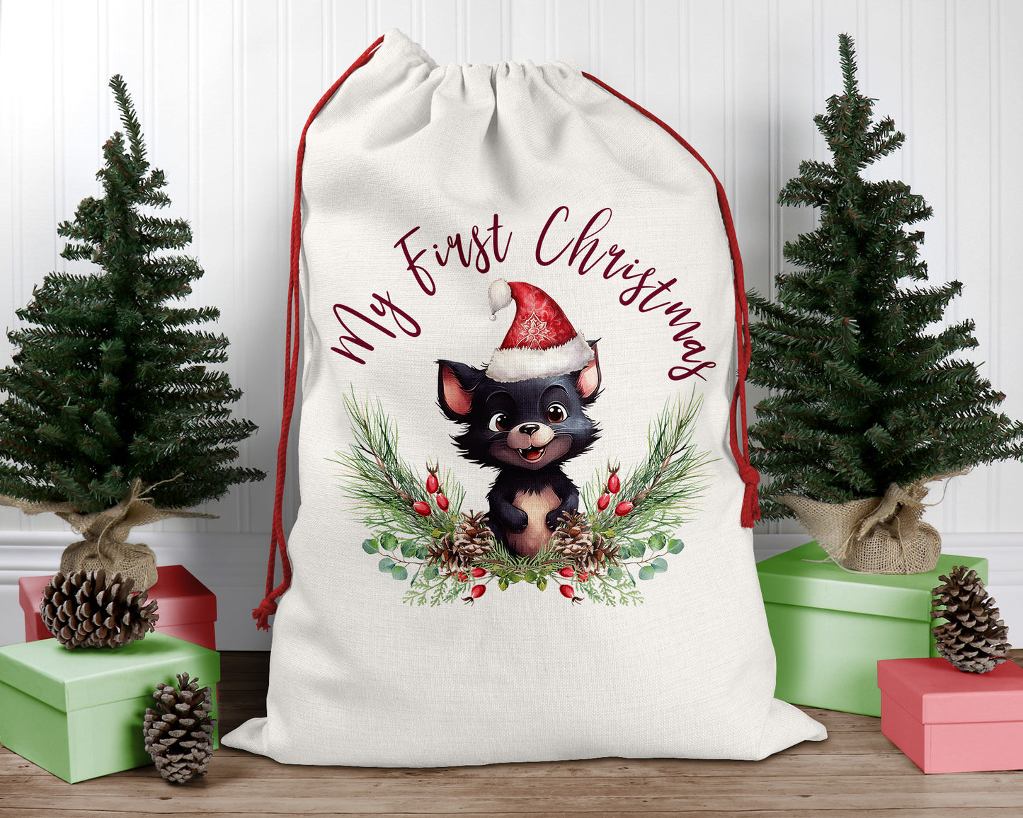 Personalised Santa Sack, Tasmanian Devil, Poinsettia Leaves Linen Bag