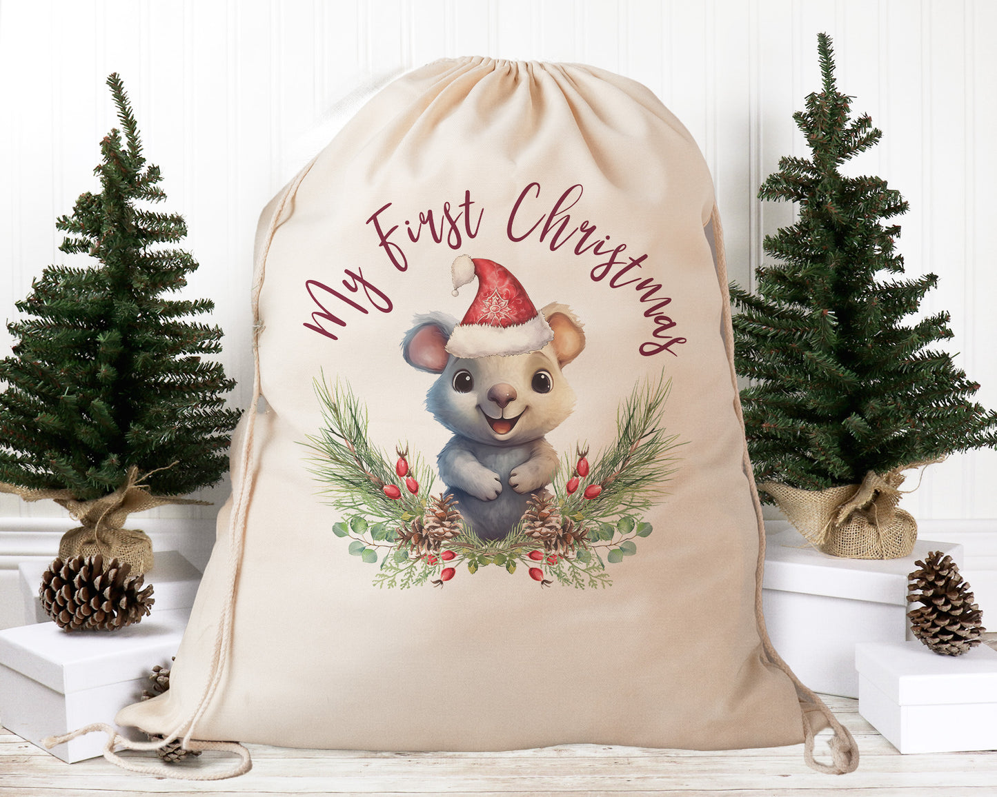 Personalised Santa Sack Australian Animals Eucalyptus Leaves, Our Largest Size