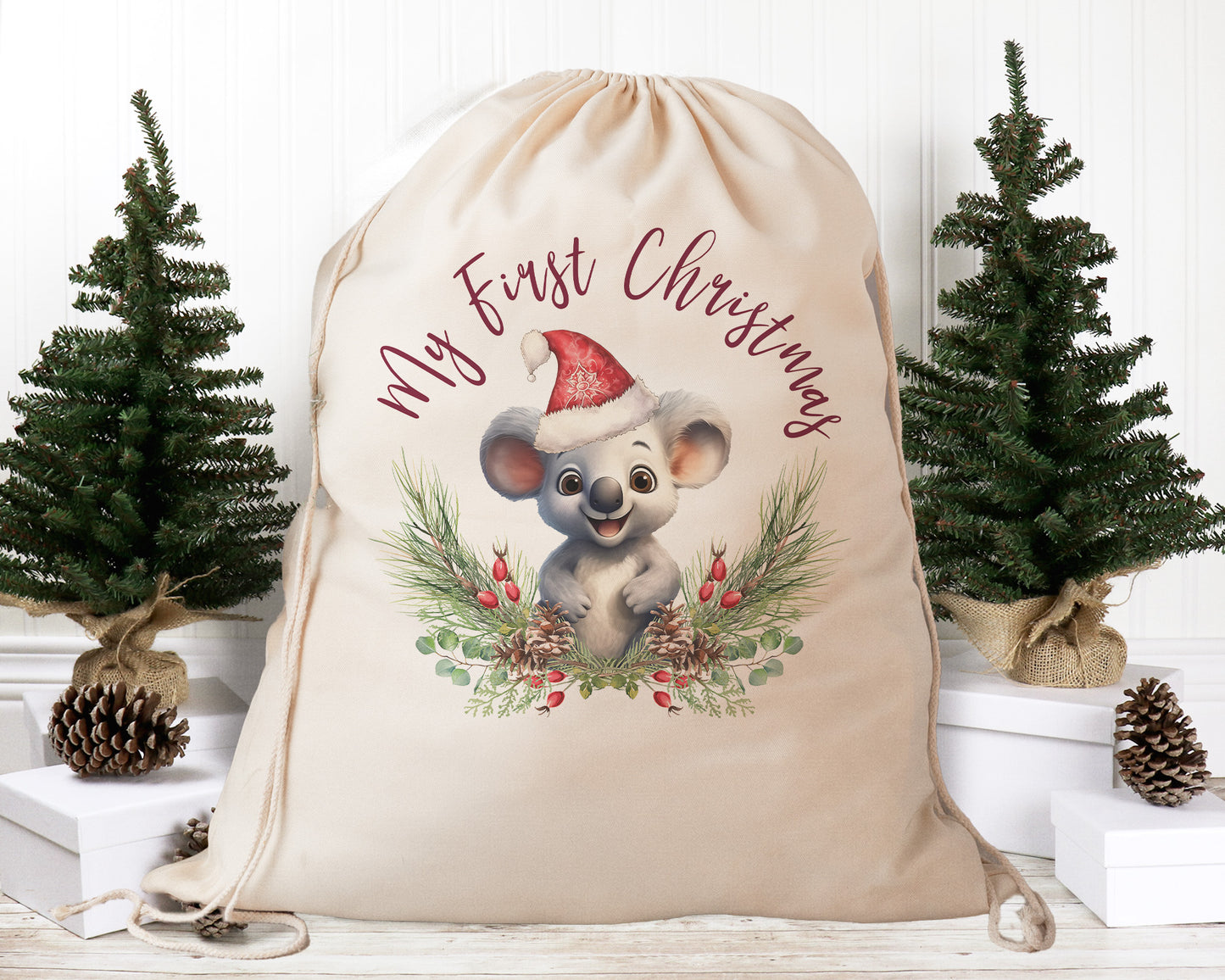 Personalised Santa Sack Australian Animals Eucalyptus Leaves, Our Largest Size