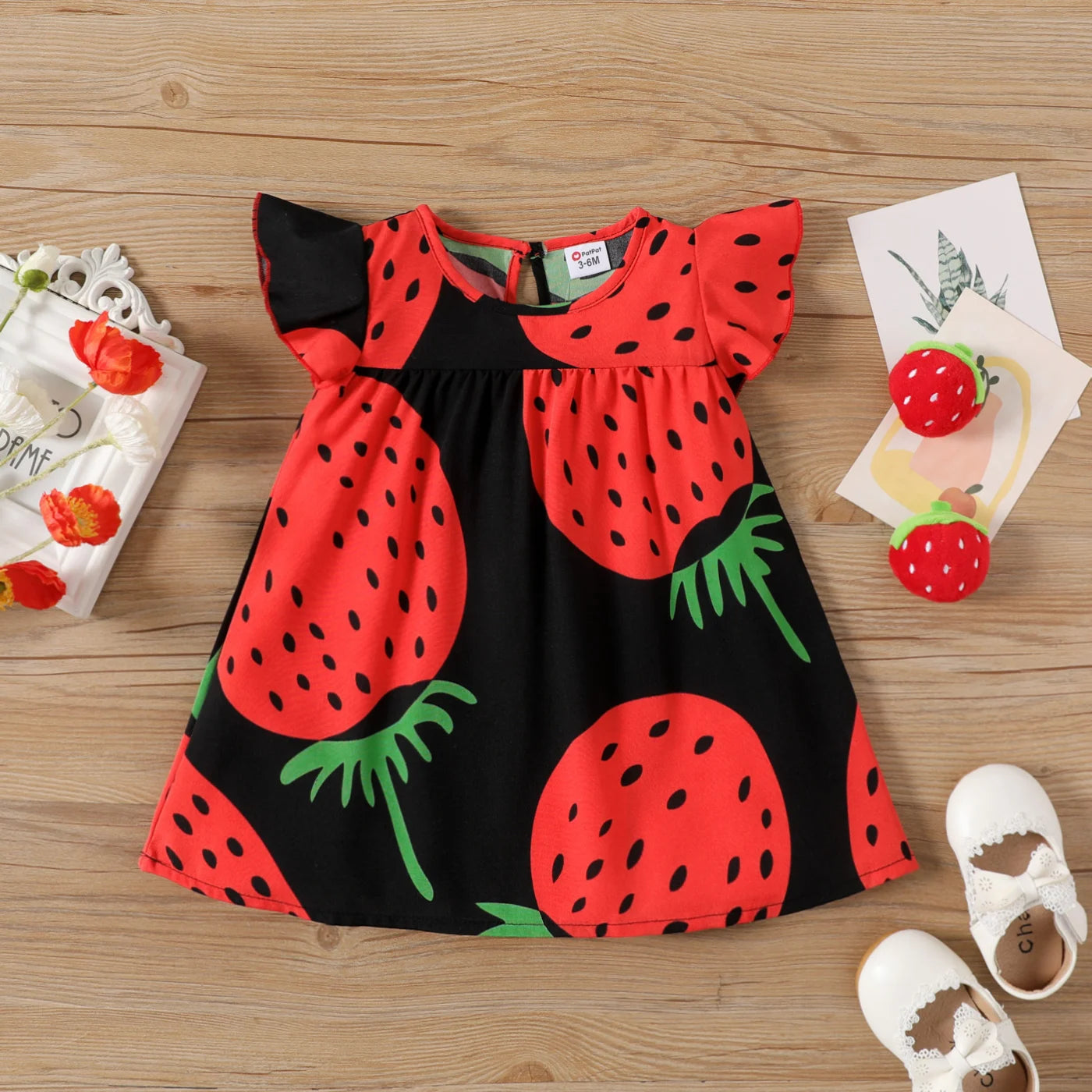 Baby Girl Girl Strawberry Print Flutter-sleeve Dress Soft and Comfortable  Perfect for Outings and Daily Wear Basic Style