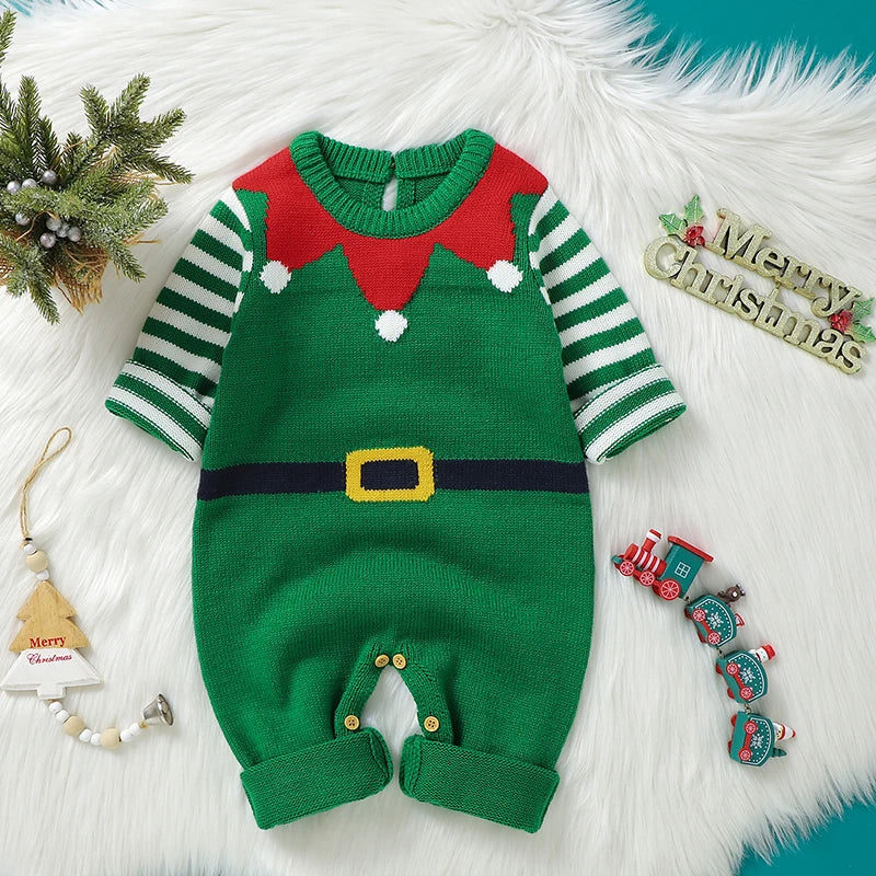 Baby Boy Girl Christmas Romper Knitted With Santa Green Christmas Jumpsuit New Year Costume Newborn Knit Christmas Clothes 0-24M