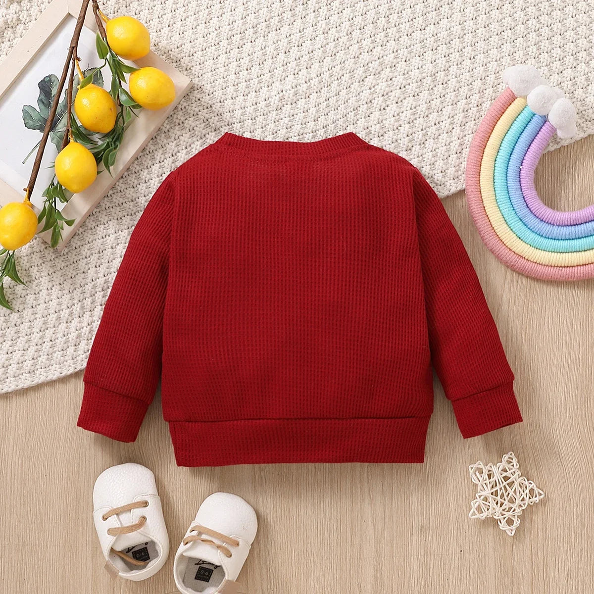 Baby Boy/Girl Rainbow Pattern Waffle Long-sleeve Pullover Sweatshirt Perfect for Outings and Daily Wear Basic Style