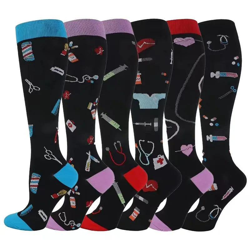 6 PAIRS Flowers Animal Fruit Compression Socks for Men Women Running Nurse Socks Nurses Sport Ladies Lady Womens Running