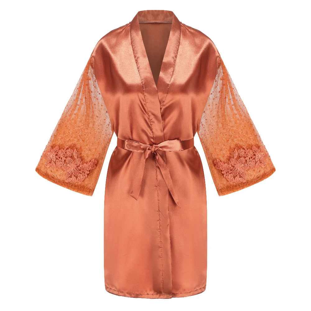 Caramel Wedding Bride Bridesmaid Robes Dressing Gown Women Bathrobe Night Shirts Short Women Kimono Mesh Sleeve