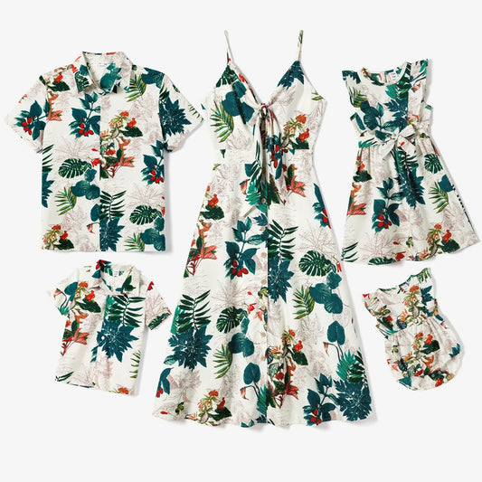 Family Matching All over Plant Floral Print Dresses and Short-sleeve Shirts Sets Soft and Comfortable