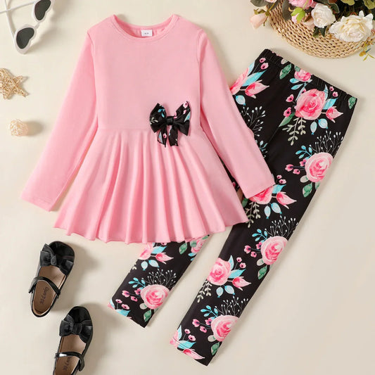 Kid Girl Bowknot Design Long-sleeve Tee and Floral Print Leggings Set Perfect for Outings and Daily Wear 2pcs