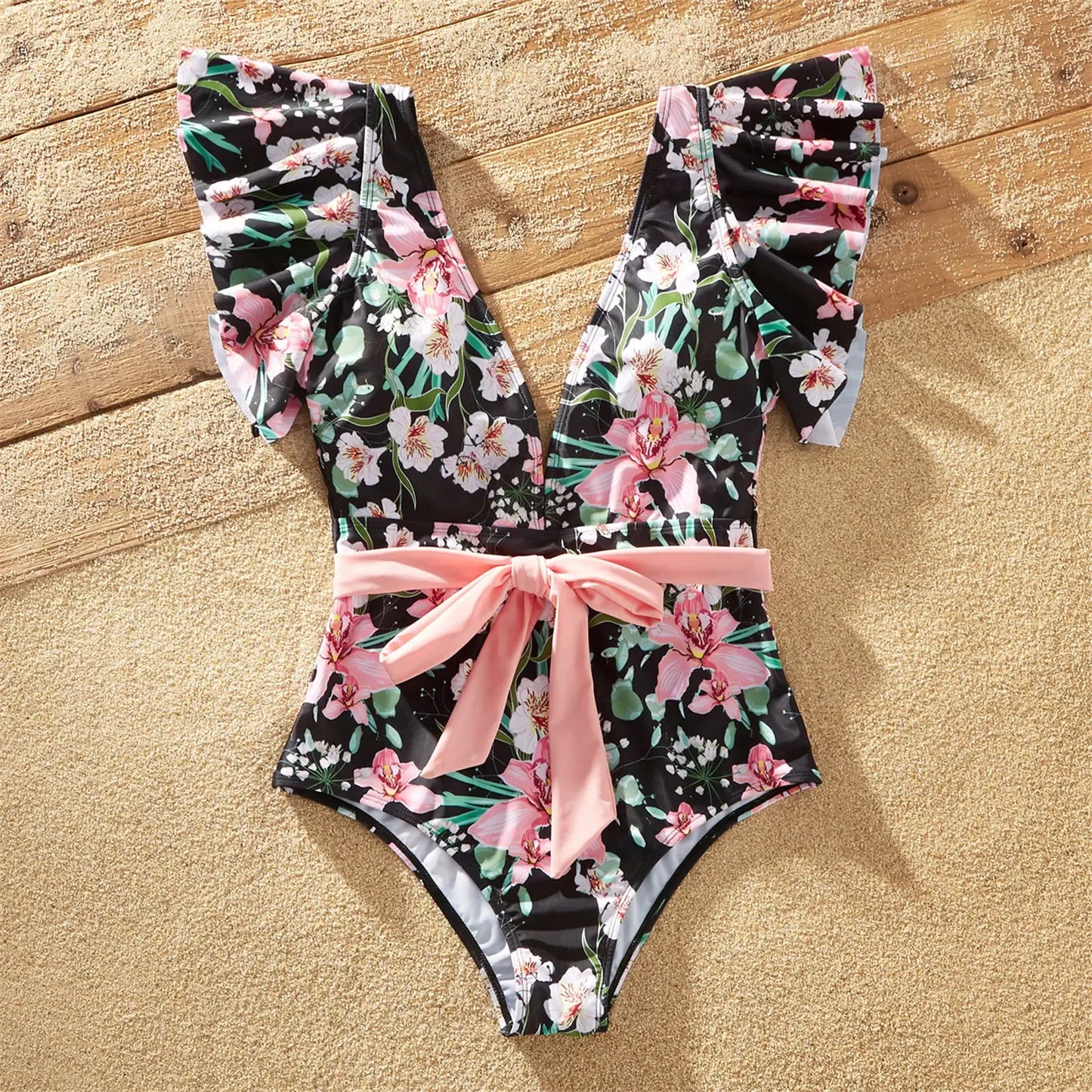 Family Matching All over Floral Print Swim Trunks Shorts and Ruffle-sleeve Belted One-Piece Swimsuit Suitable for Summer