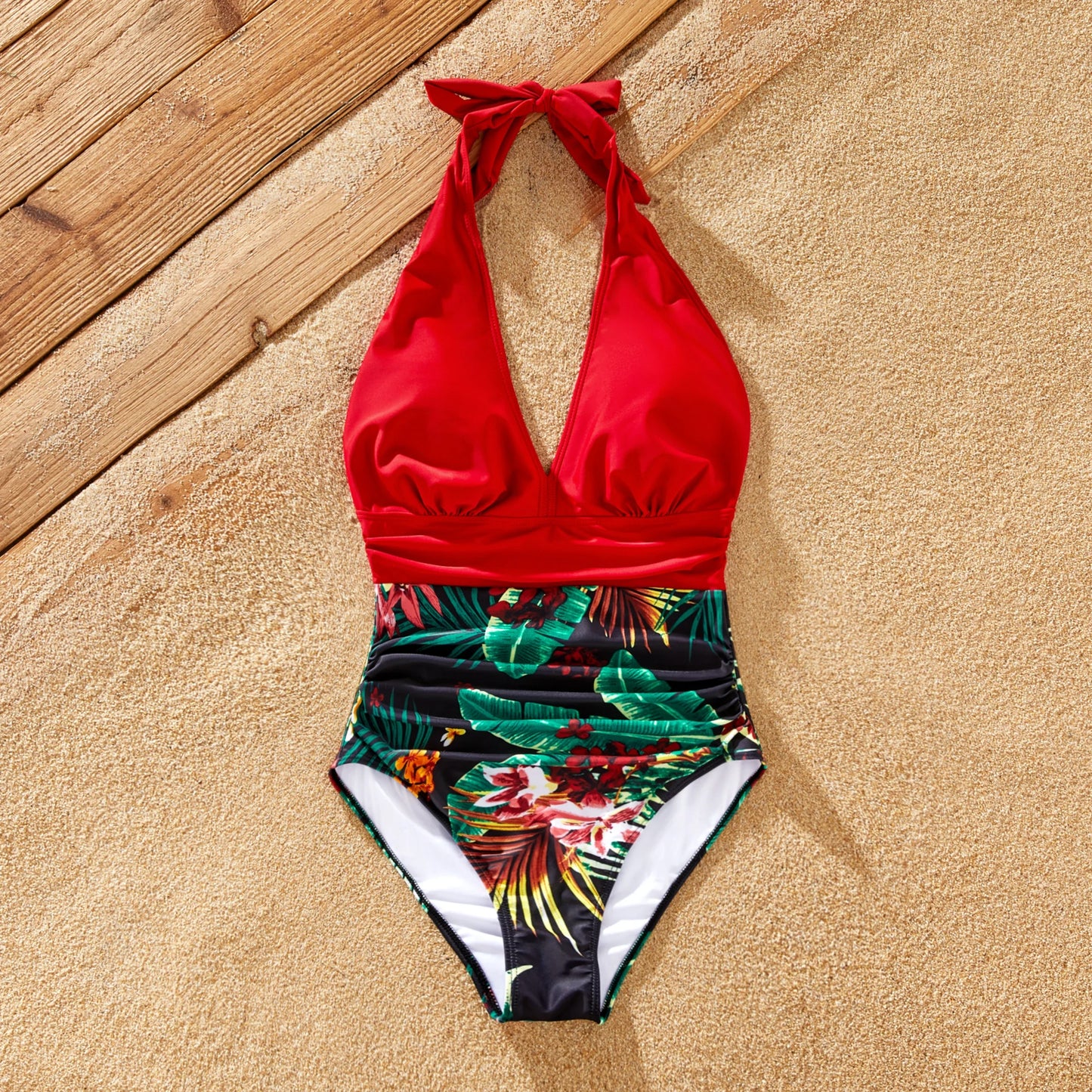 Family Matching Floral Drawstring Swim Trunks or Red Halter Top Spliced Swimsuit Suitable for Summer Season